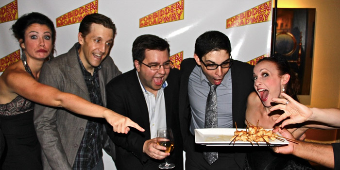 (l. to r.) Natalie Charlé Ellis, Scott Richard Foster, casting director Michael Cassara, Marcus Stevens and Jenny Lee Stern on the opening night of Forbidden Broadway: Alive & Kicking! - original cast recording now available!